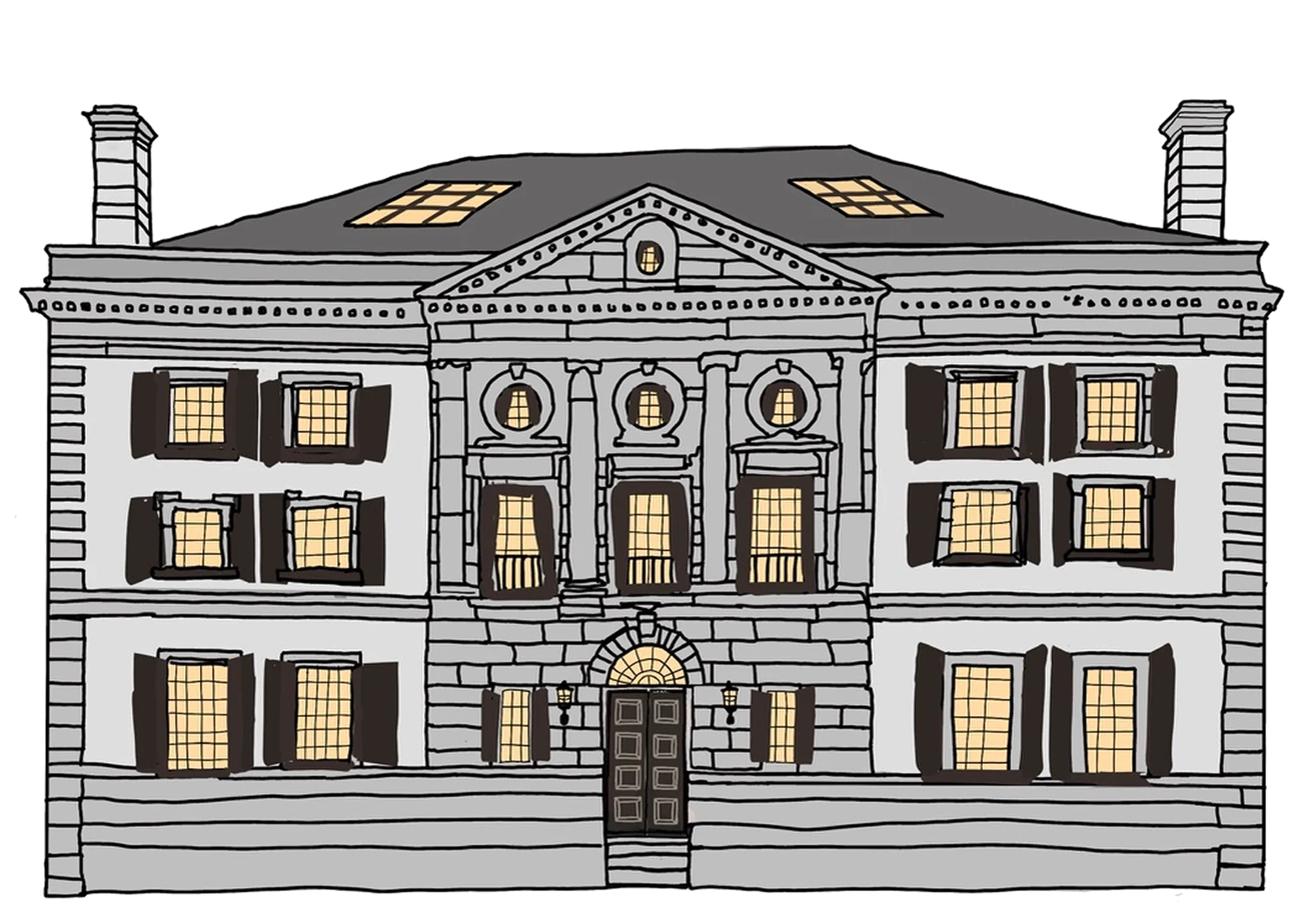 Hand-drawn Georgian hall with lamplit windows