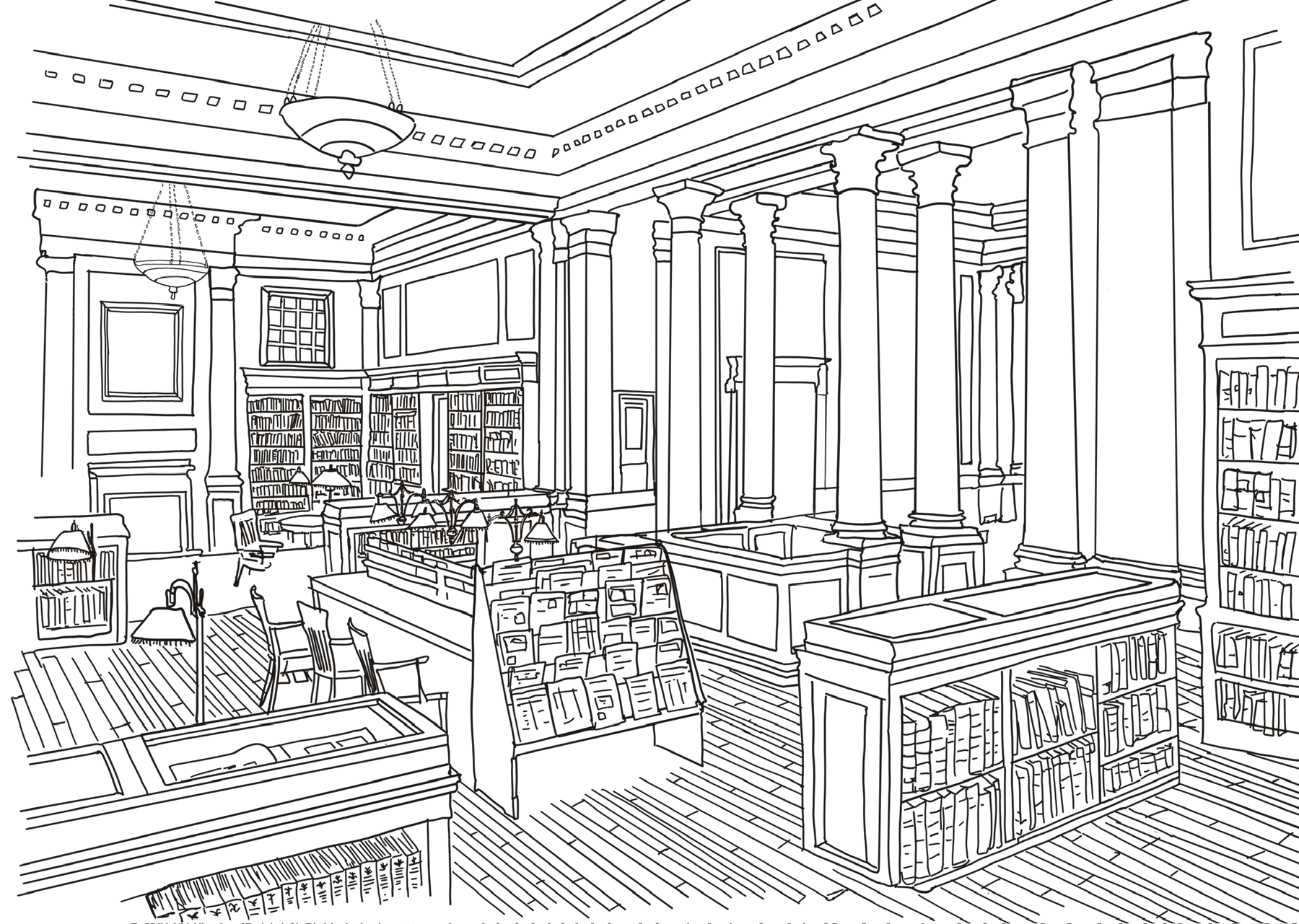 Hand-drawn library reading room